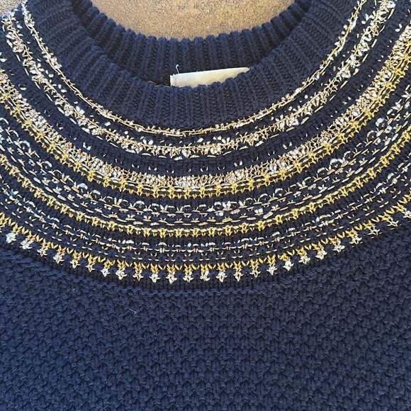J Crew 🔥 The Reeds Navy Gold Cotton Blend Sparkly Fair Isle Pullover Sweater - Picture 4 of 7